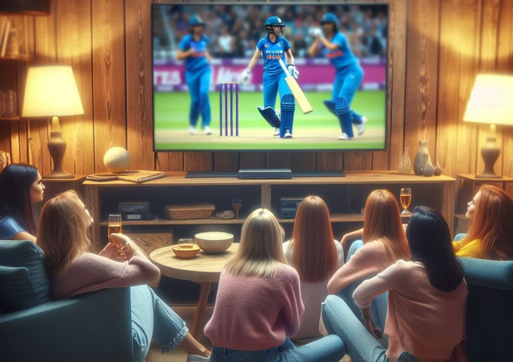 a group of women watching a game of women's cricket on a television, realism, blurred background