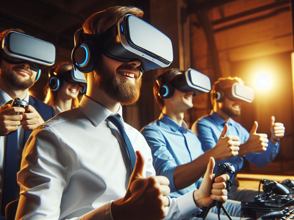 a cinematic image of a company members in a team building participating in a super fun VR experience